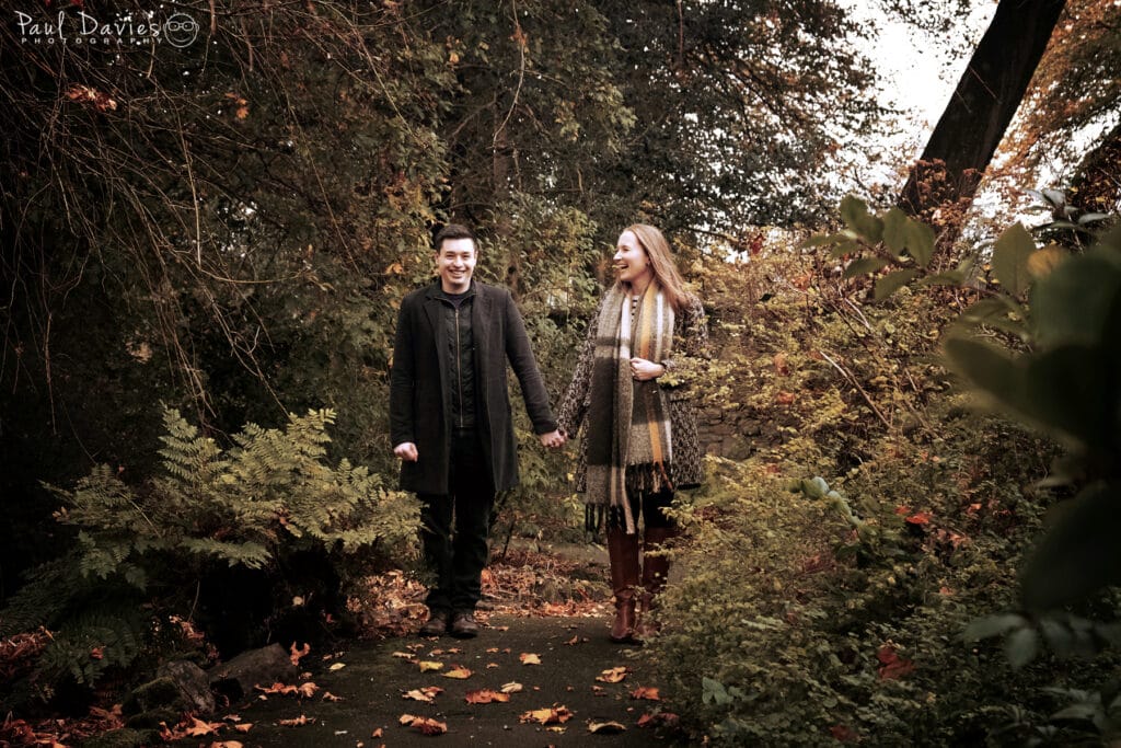 Engaged couple in park